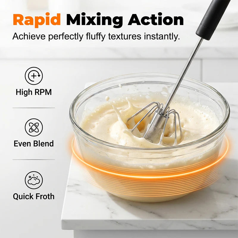 🍰⚡ Stainless steel semi-automatic hand whisk –🥄 Pressure-operated design that produces perfect foam in minutes 🥛 Main image