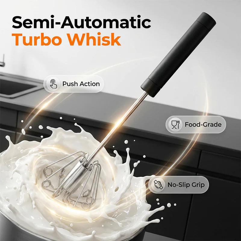 🍰⚡ Stainless steel semi-automatic hand whisk –🥄 Pressure-operated design that produces perfect foam in minutes 🥛