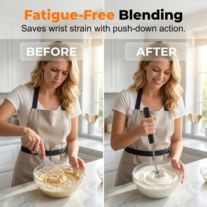 🍰⚡ Stainless steel semi-automatic hand whisk –🥄 Pressure-operated design that produces perfect foam in minutes 🥛